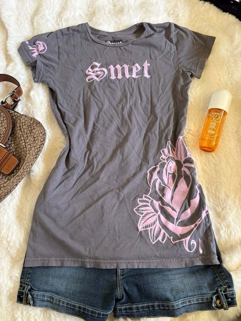 Smet T-Shirt Dress Size M Gray Rose Angel Wings Y2K Grunge Gothic